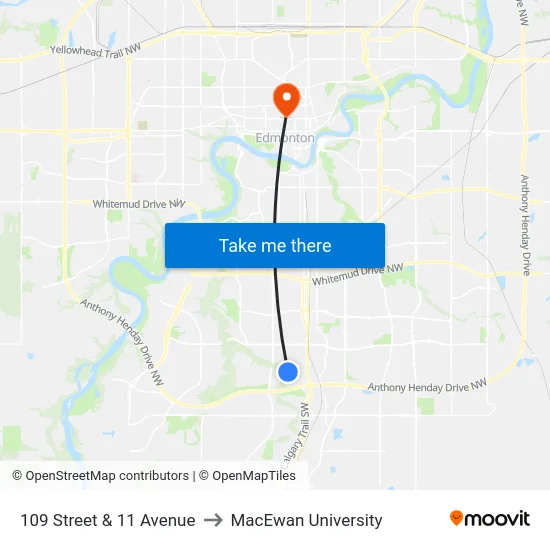 109 Street & 11 Avenue to MacEwan University map