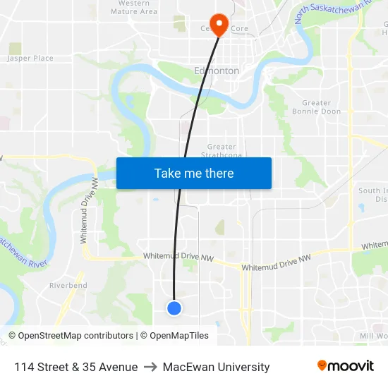114 Street & 35 Avenue to MacEwan University map