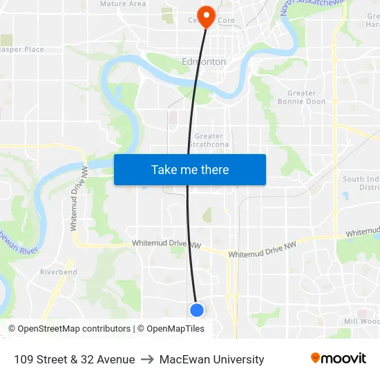 109 Street & 32 Avenue to MacEwan University map