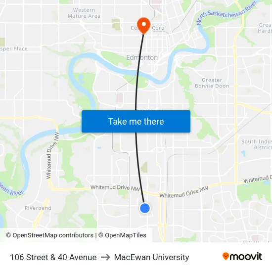 106 Street & 40 Avenue to MacEwan University map