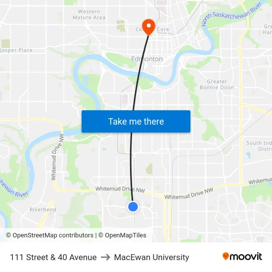 111 Street & 40 Avenue to MacEwan University map