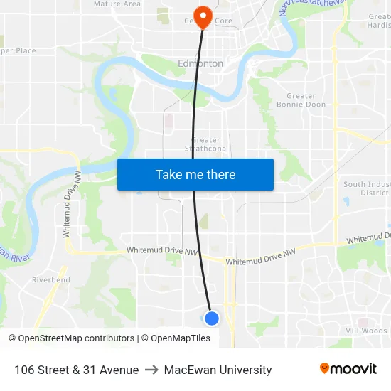 106 Street & 31 Avenue to MacEwan University map