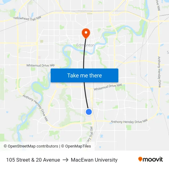 105 Street & 20 Avenue to MacEwan University map