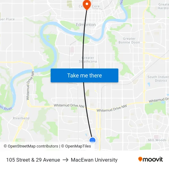 105 Street & 29 Avenue to MacEwan University map