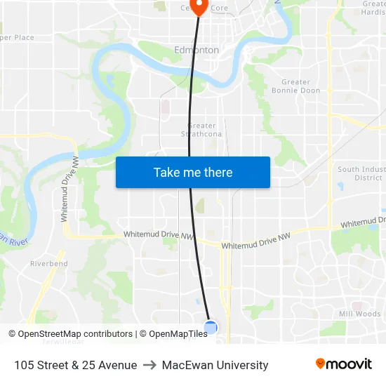 105 Street & 25 Avenue to MacEwan University map
