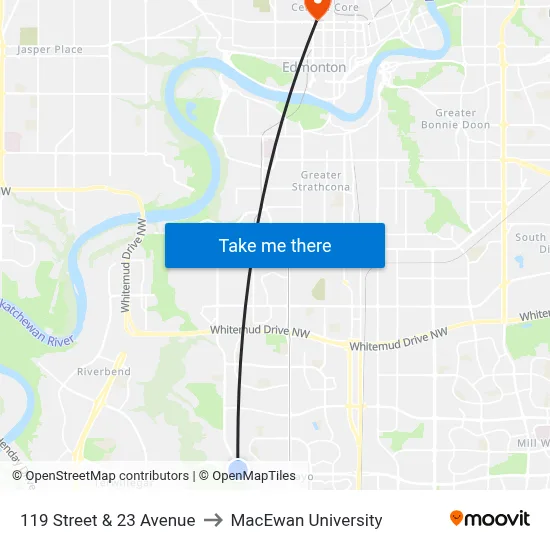 119 Street & 23 Avenue to MacEwan University map