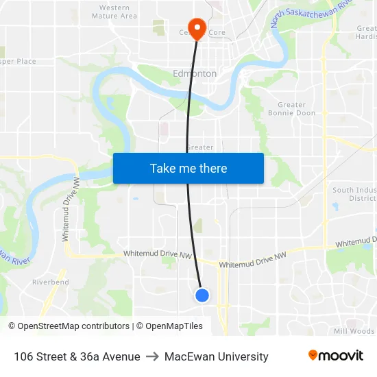 106 Street & 36a Avenue to MacEwan University map