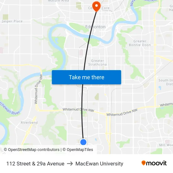 112 Street & 29a Avenue to MacEwan University map