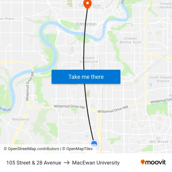 105 Street & 28 Avenue to MacEwan University map