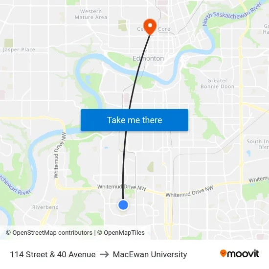 114 Street & 40 Avenue to MacEwan University map