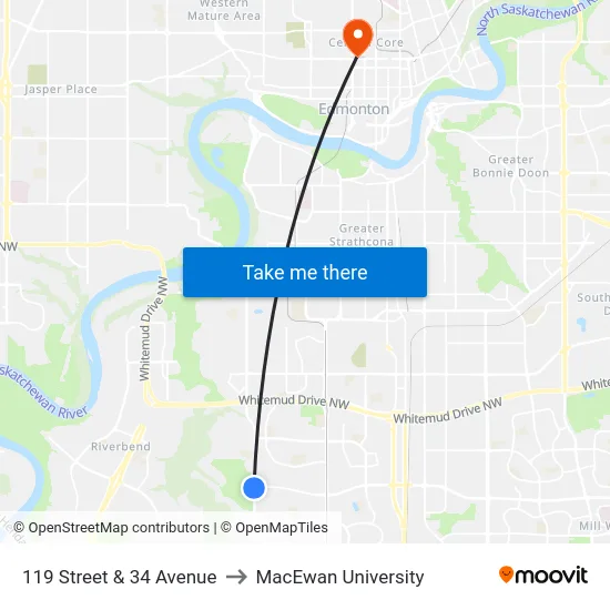 119 Street & 34 Avenue to MacEwan University map