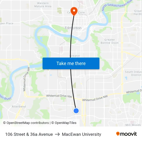 106 Street & 36a Avenue to MacEwan University map