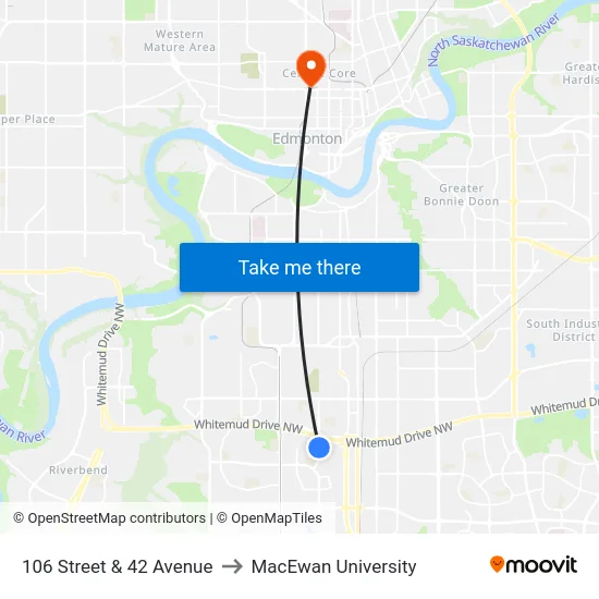 106 Street & 42 Avenue to MacEwan University map