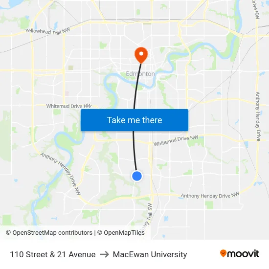 110 Street & 21 Avenue to MacEwan University map