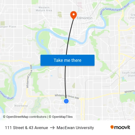 111 Street & 43 Avenue to MacEwan University map