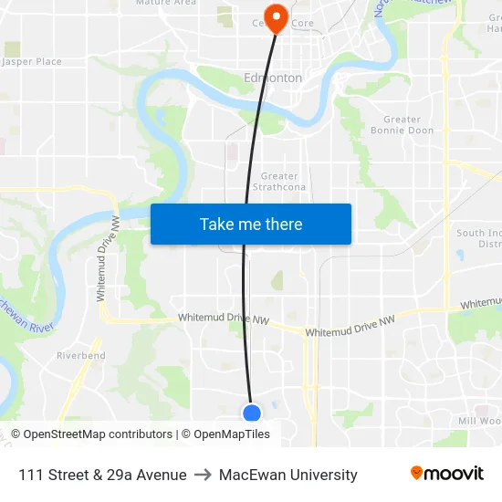 111 Street & 29a Avenue to MacEwan University map