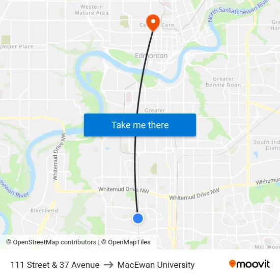111 Street & 37 Avenue to MacEwan University map