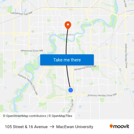 105 Street & 16 Avenue to MacEwan University map