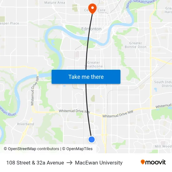 108 Street & 32a Avenue to MacEwan University map