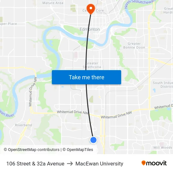 106 Street & 32a Avenue to MacEwan University map