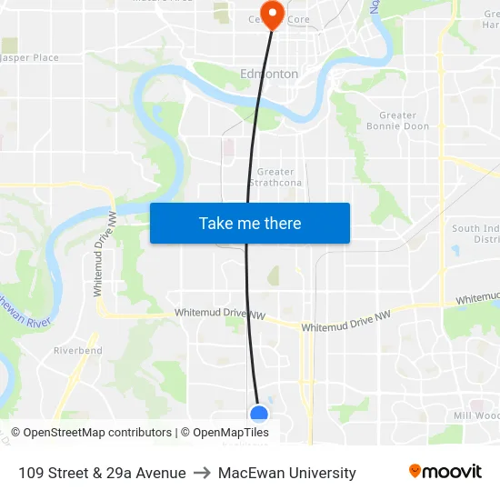 109 Street & 29a Avenue to MacEwan University map