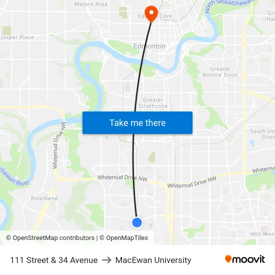 111 Street & 34 Avenue to MacEwan University map