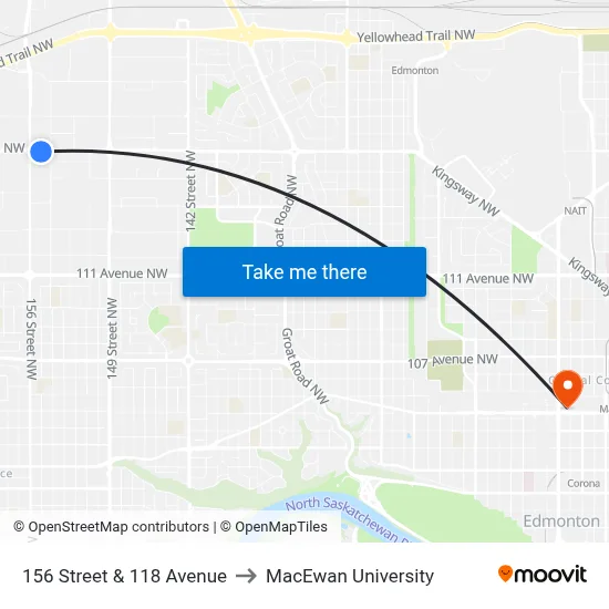156 Street & 118 Avenue to MacEwan University map