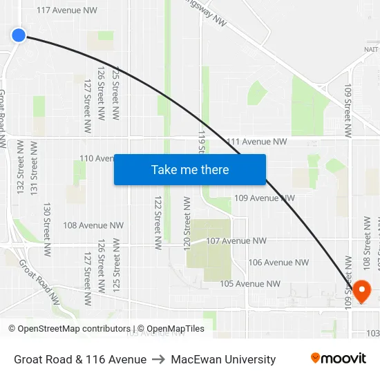 Groat Road & 116 Avenue to MacEwan University map