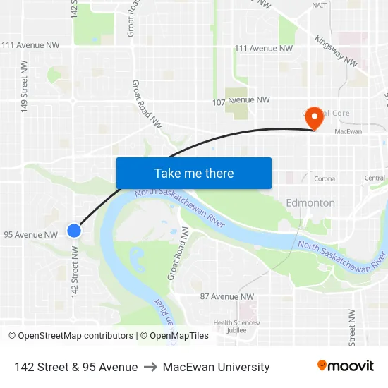 142 Street & 95 Avenue to MacEwan University map