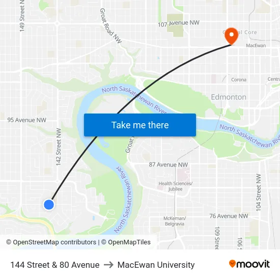 144 Street & 80 Avenue to MacEwan University map