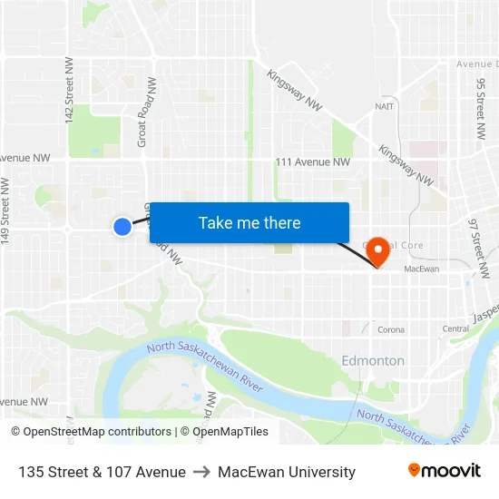 135 Street & 107 Avenue to MacEwan University map
