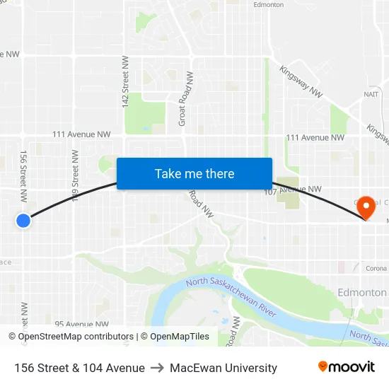 156 Street & 104 Avenue to MacEwan University map