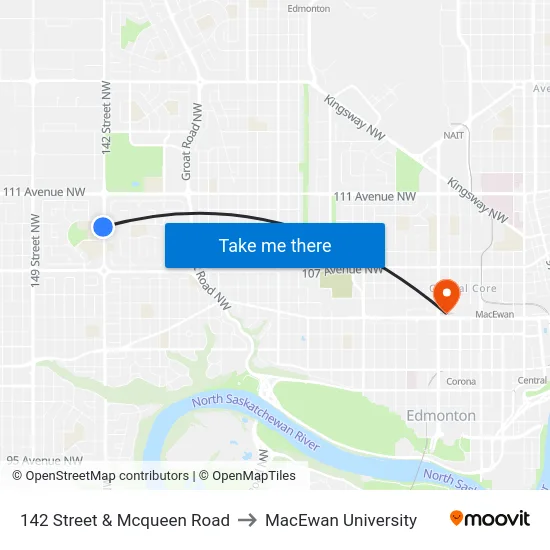 142 Street & Mcqueen Road to MacEwan University map