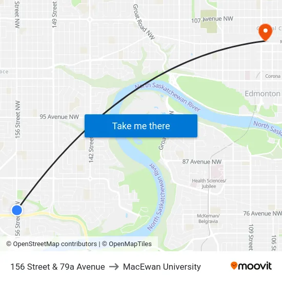 156 Street & 79a Avenue to MacEwan University map