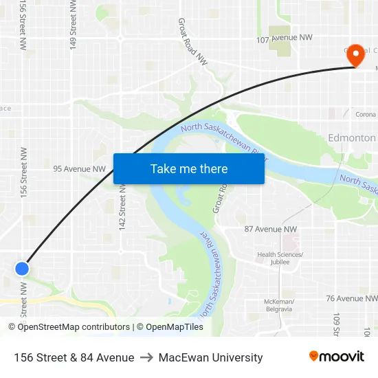156 Street & 84 Avenue to MacEwan University map