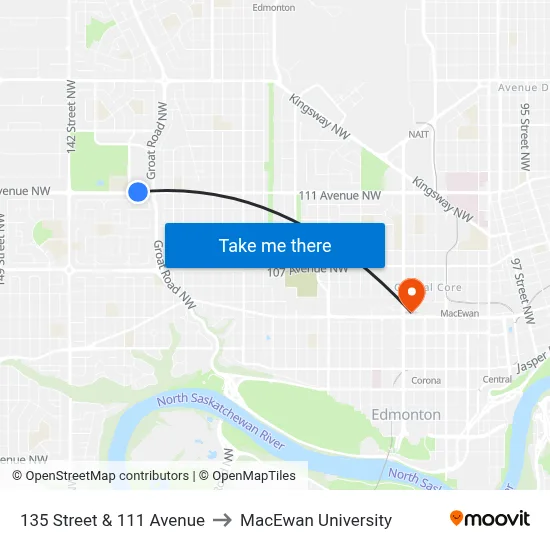 135 Street & 111 Avenue to MacEwan University map