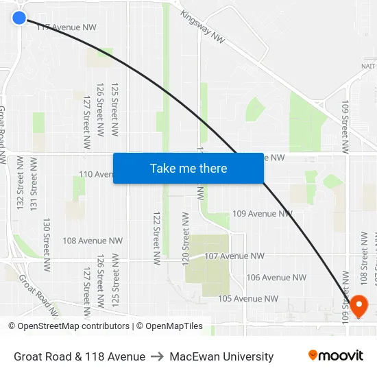 Groat Road & 118 Avenue to MacEwan University map