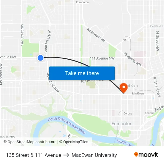 135 Street & 111 Avenue to MacEwan University map