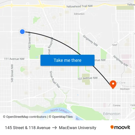 145 Street & 118 Avenue to MacEwan University map