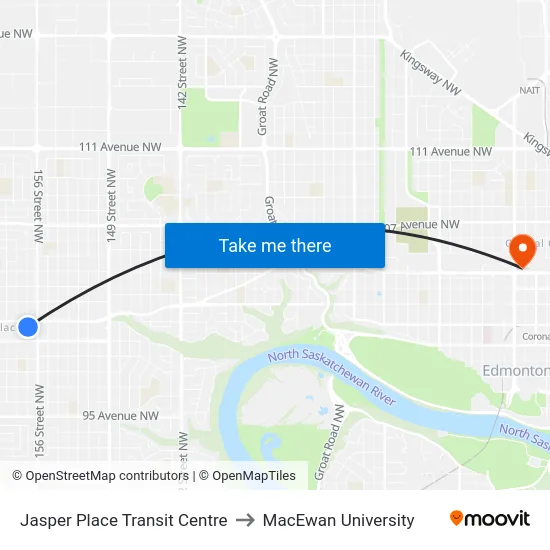 Jasper Place Transit Centre to MacEwan University map