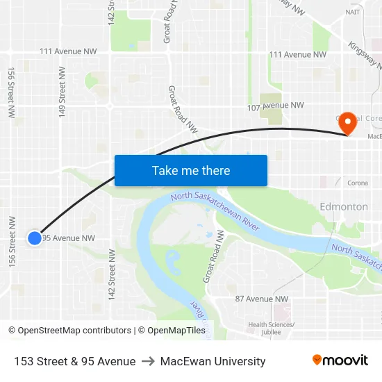 153 Street & 95 Avenue to MacEwan University map
