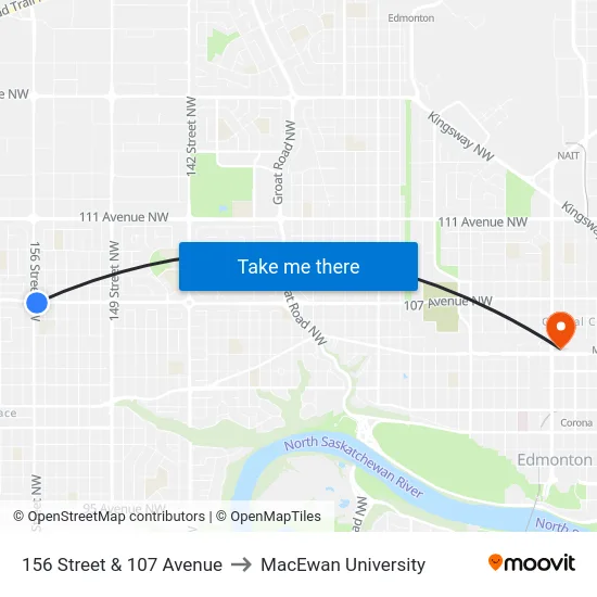 156 Street & 107 Avenue to MacEwan University map