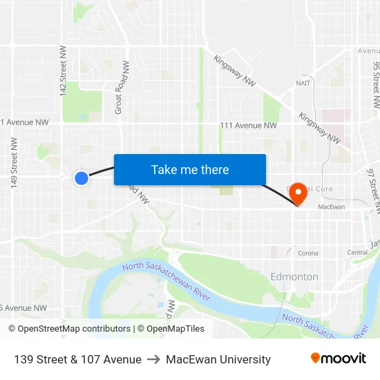 139 Street & 107 Avenue to MacEwan University map