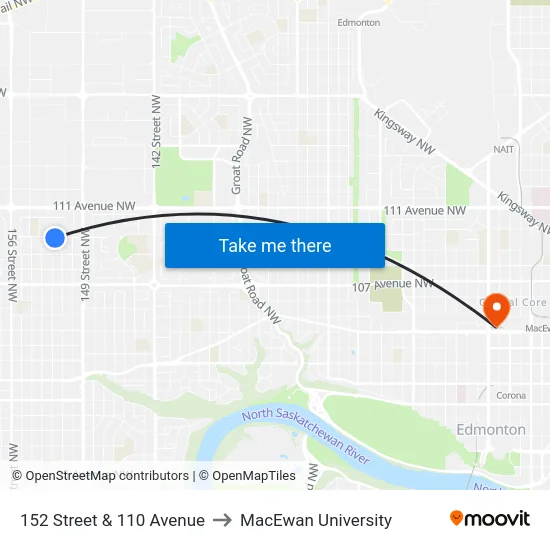 152 Street & 110 Avenue to MacEwan University map