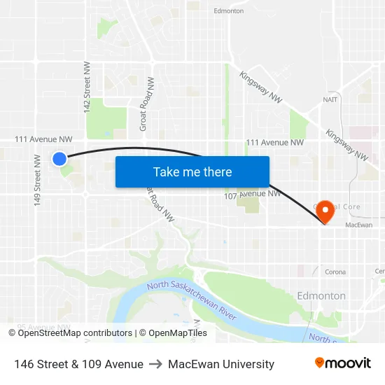 146 Street & 109 Avenue to MacEwan University map