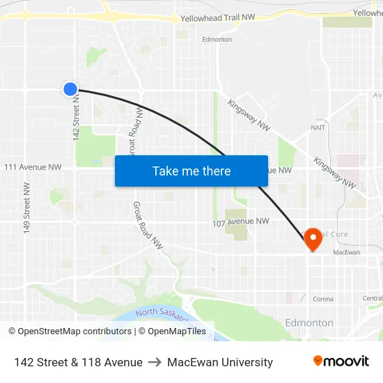 142 Street & 118 Avenue to MacEwan University map