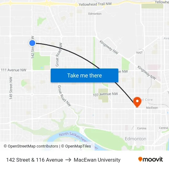 142 Street & 116 Avenue to MacEwan University map