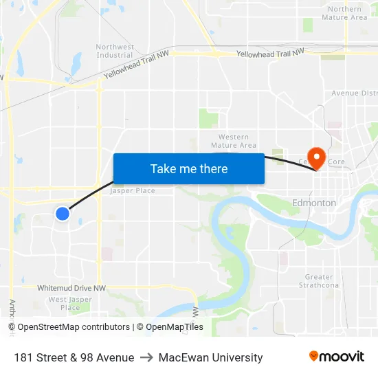 181 Street & 98 Avenue to MacEwan University map