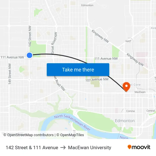 142 Street & 111 Avenue to MacEwan University map