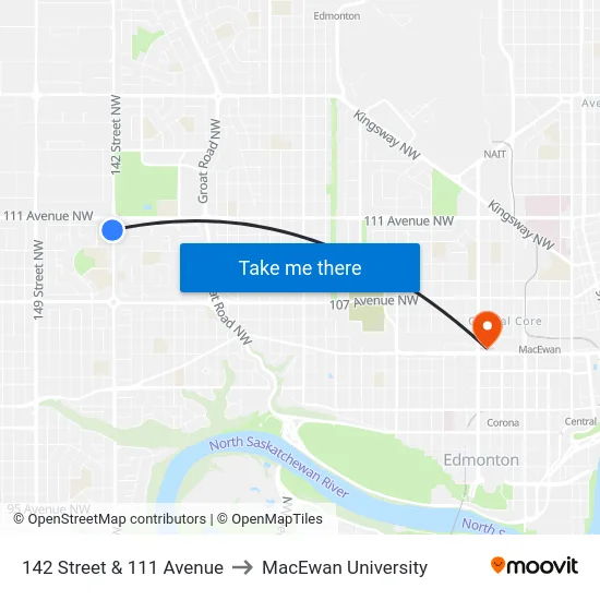 142 Street & 111 Avenue to MacEwan University map